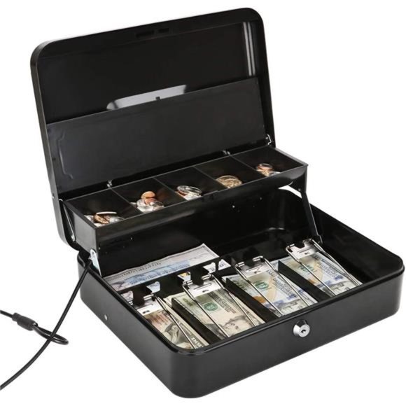 Large Locking Cash Box with Money Tray, Lock Box with Security Cable Metal Box - Picture 1 of 6